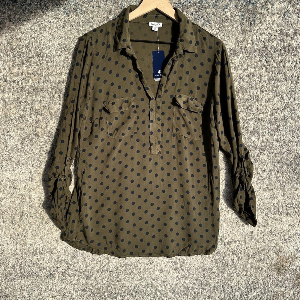 Splendid Shirt Womens Large Olive Polka Dot Rayon Roll Tab Sleeve Top Blouse‎
